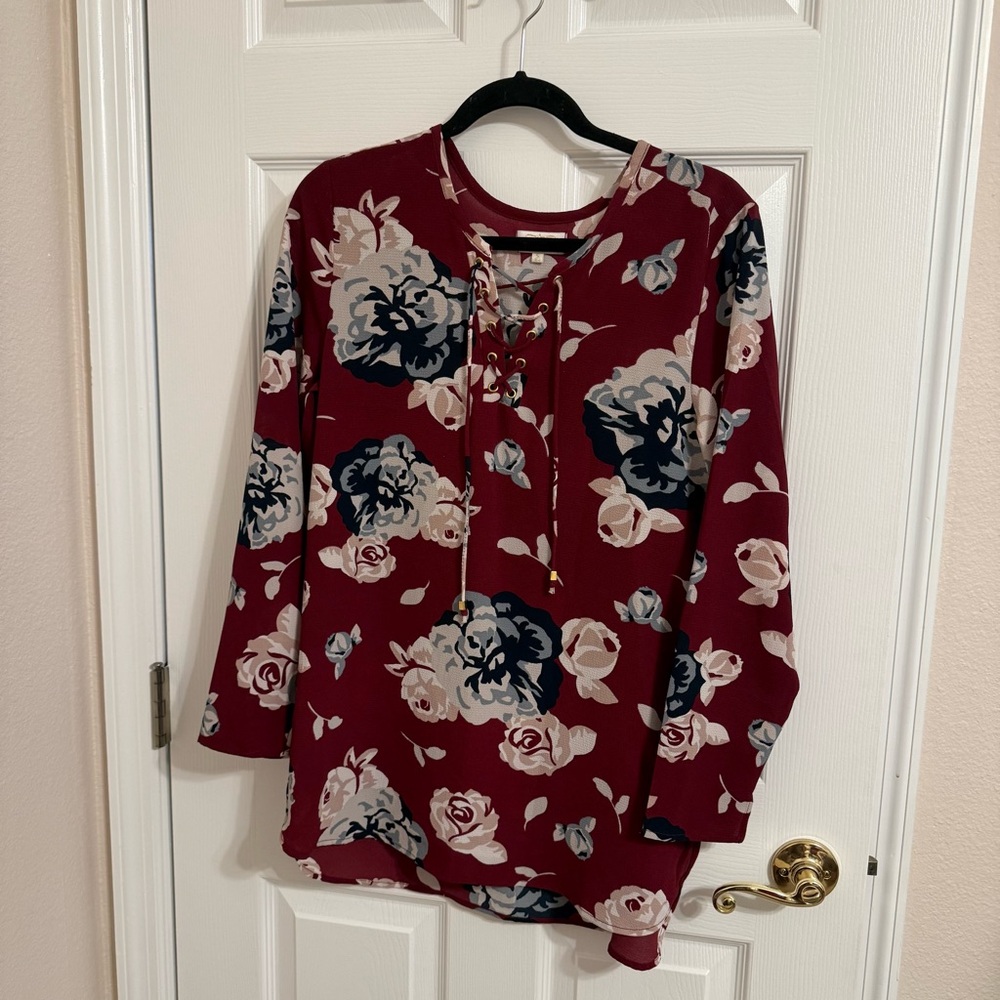Mud Pie Burgundy, Blue and White Floral Blouse